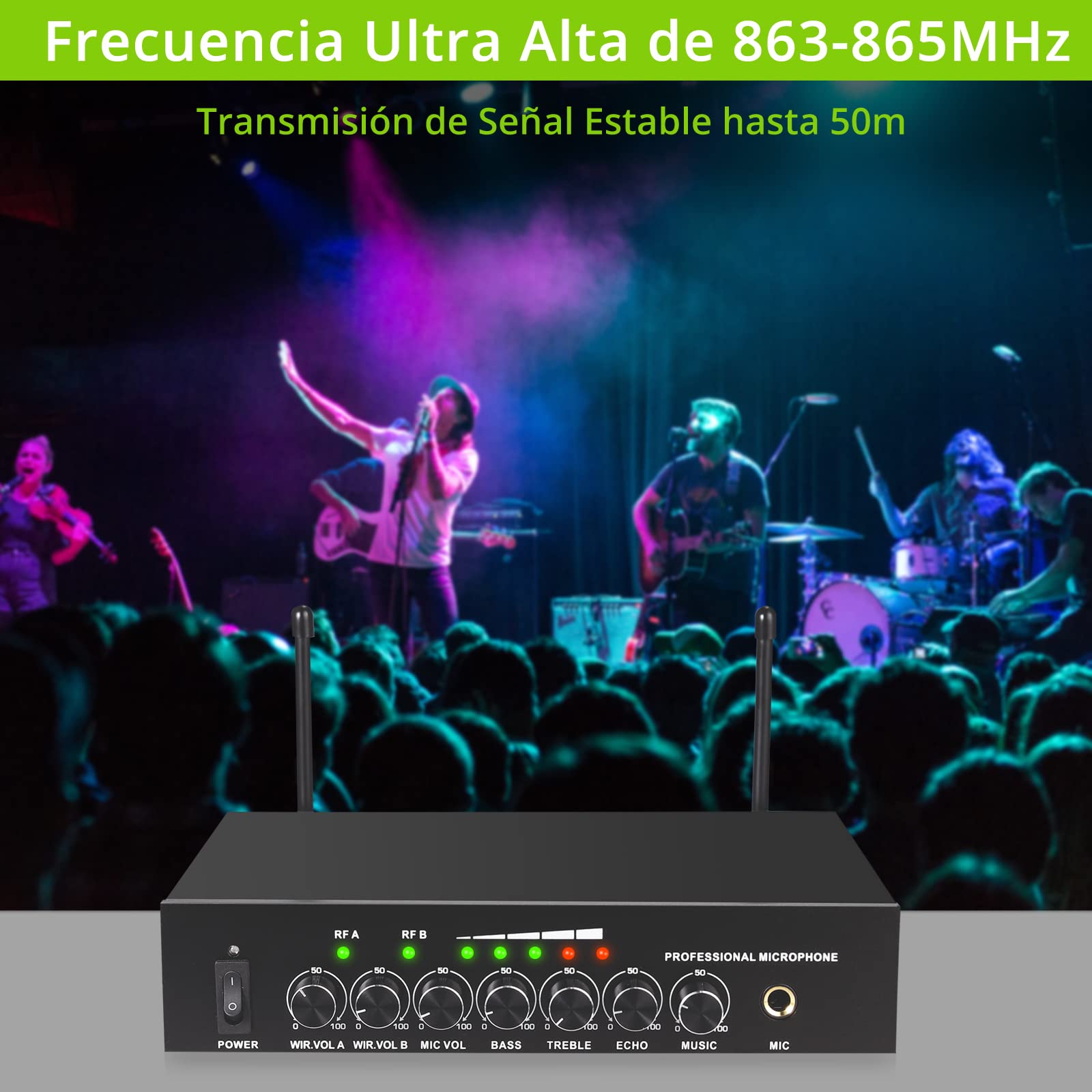 Sistema de Micrófono Inalámbrico Portátil Profesional Bluetooth 4.2 Micrófono Karaoke Dual con Eco Agudos Graves con Receptor Cable de Audio de 6.35 mm/RCA para Reunión Boda Fiesta DJ Iglesia Regalo