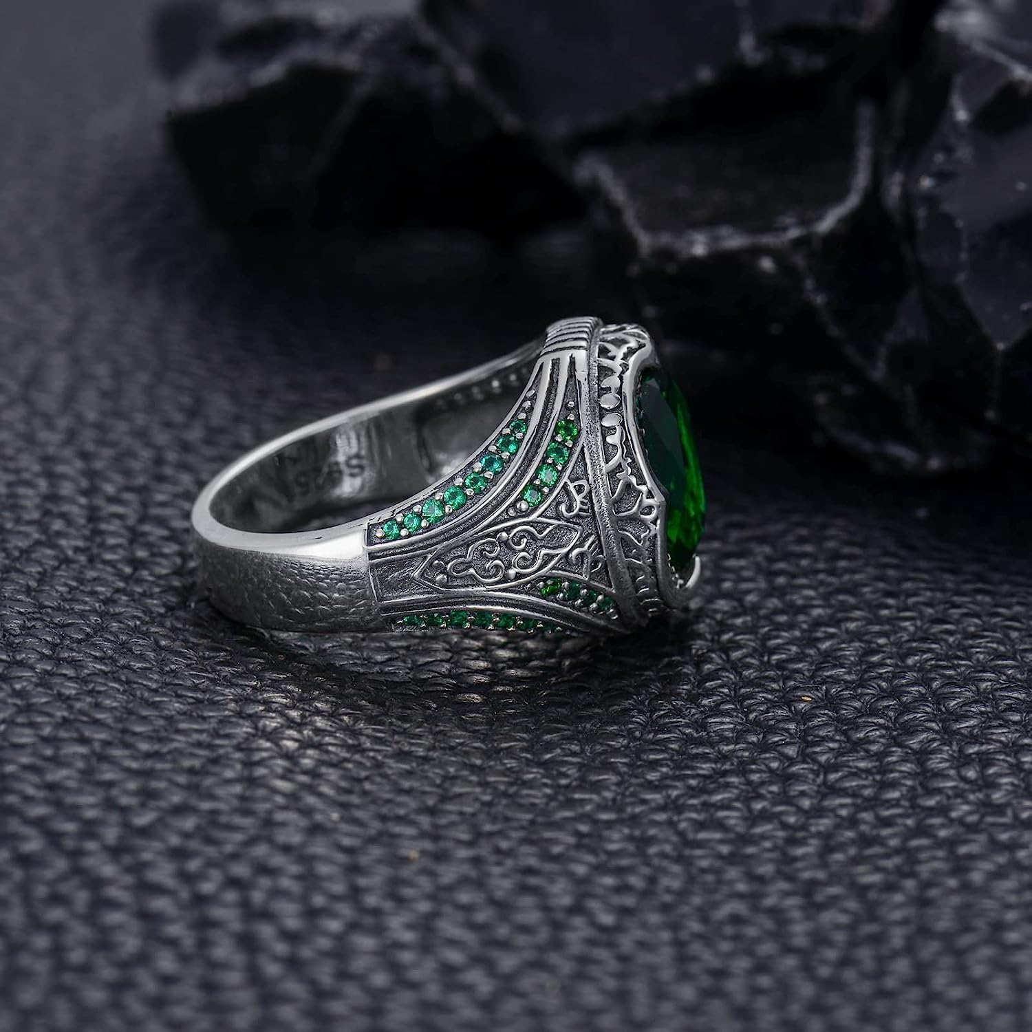 Sterling Silver Oval Emerald Gemstone Ring for Men Vintage Retro Jewelry for Men - Image 4