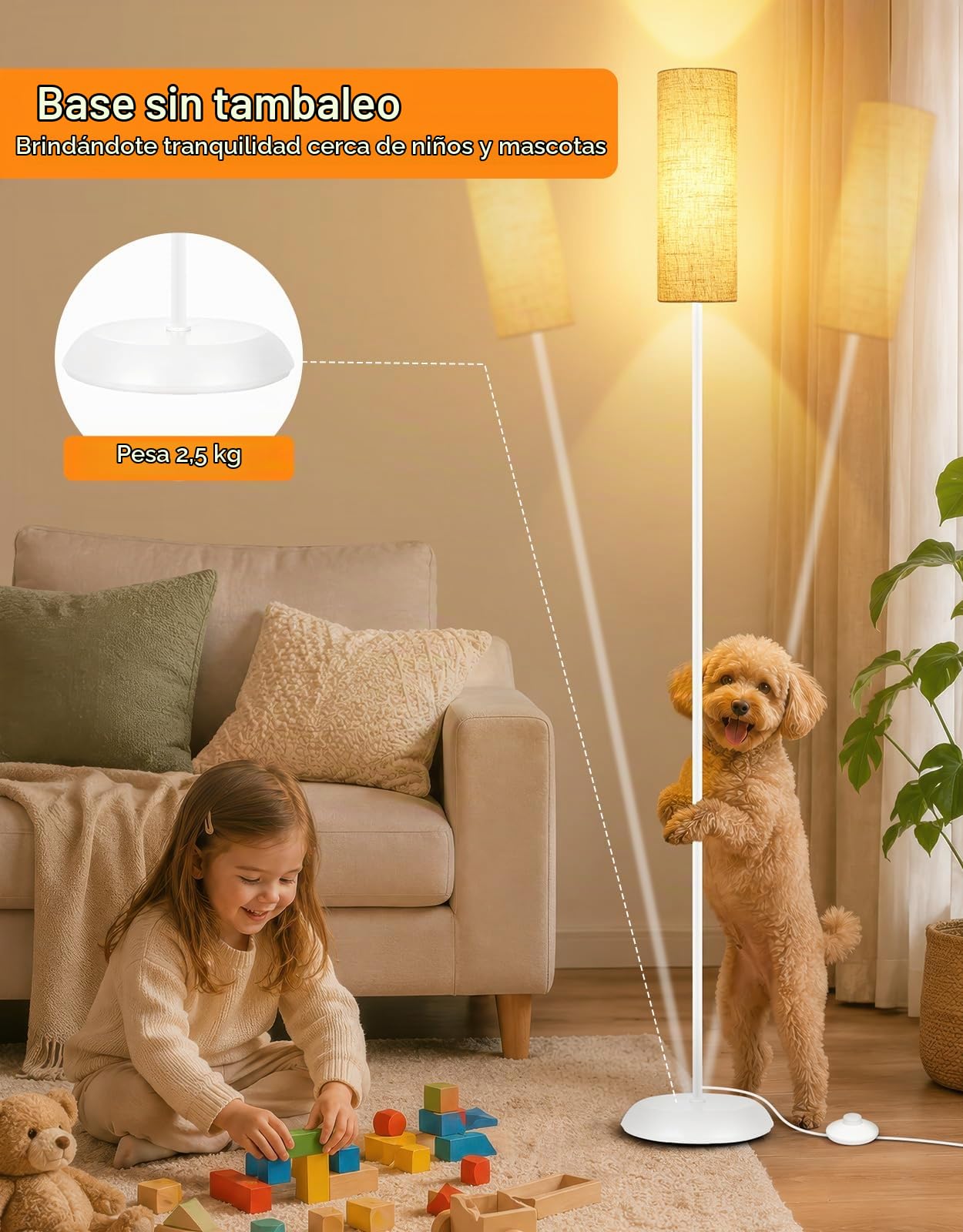 OUTON Lámpara de Pie Moderna de Metal con Pantalla de Lino, Blanco | Dormitorio
