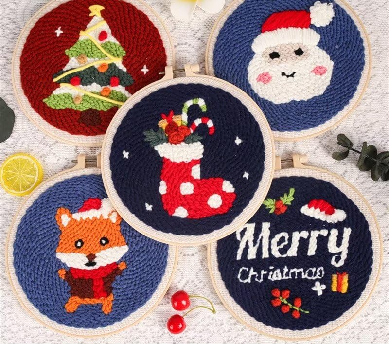 Punch Needle Starter Kit for Beginner Cartoon Rug Hooking Beginner Kit with Punch Needle and 8 Inch Hoop - Christmas Tree