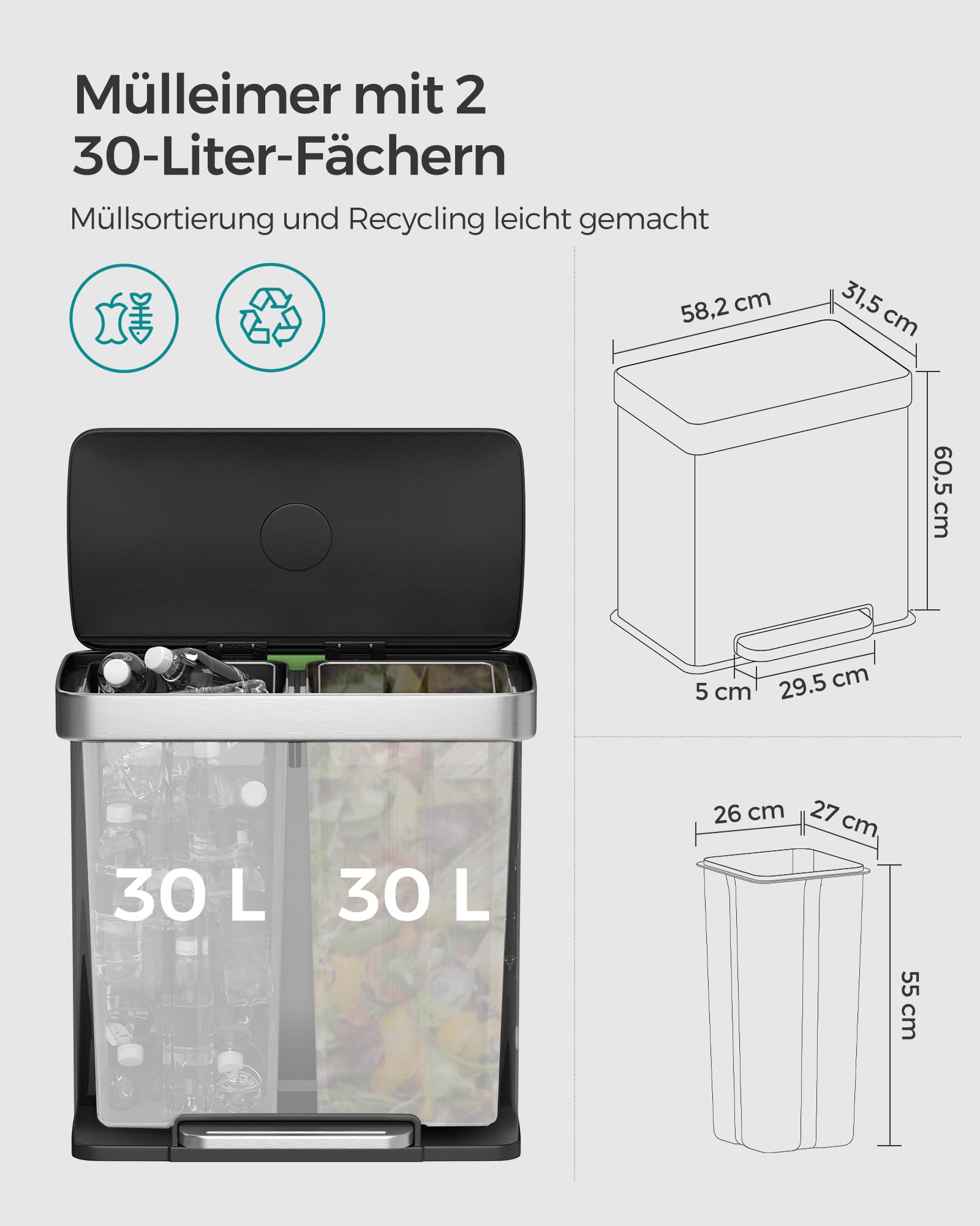 ‎SONGMICS Mülleimer Küche, 2 x 30 Liter, Mülltrennsystem, 2 Fächer, 15 Müllsäcke, Abfalleimer aus Edelstahl, Inneneimer aus Kunststoff, mit Deckel, Softclose, 58,2 x 31,5 x 60,5 cm, schwarz LTB202B01