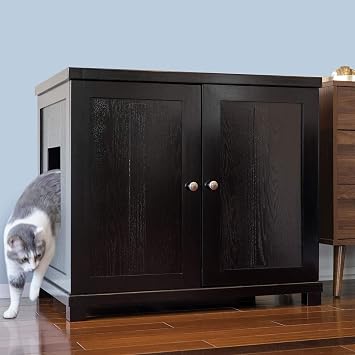 THE REFINED FELINE Cat Litter Box Enclosure Cabinet, Shaker, Black Espresso, Square Feet, XLarge, Hidden Litter Cat Furniture with Drawer