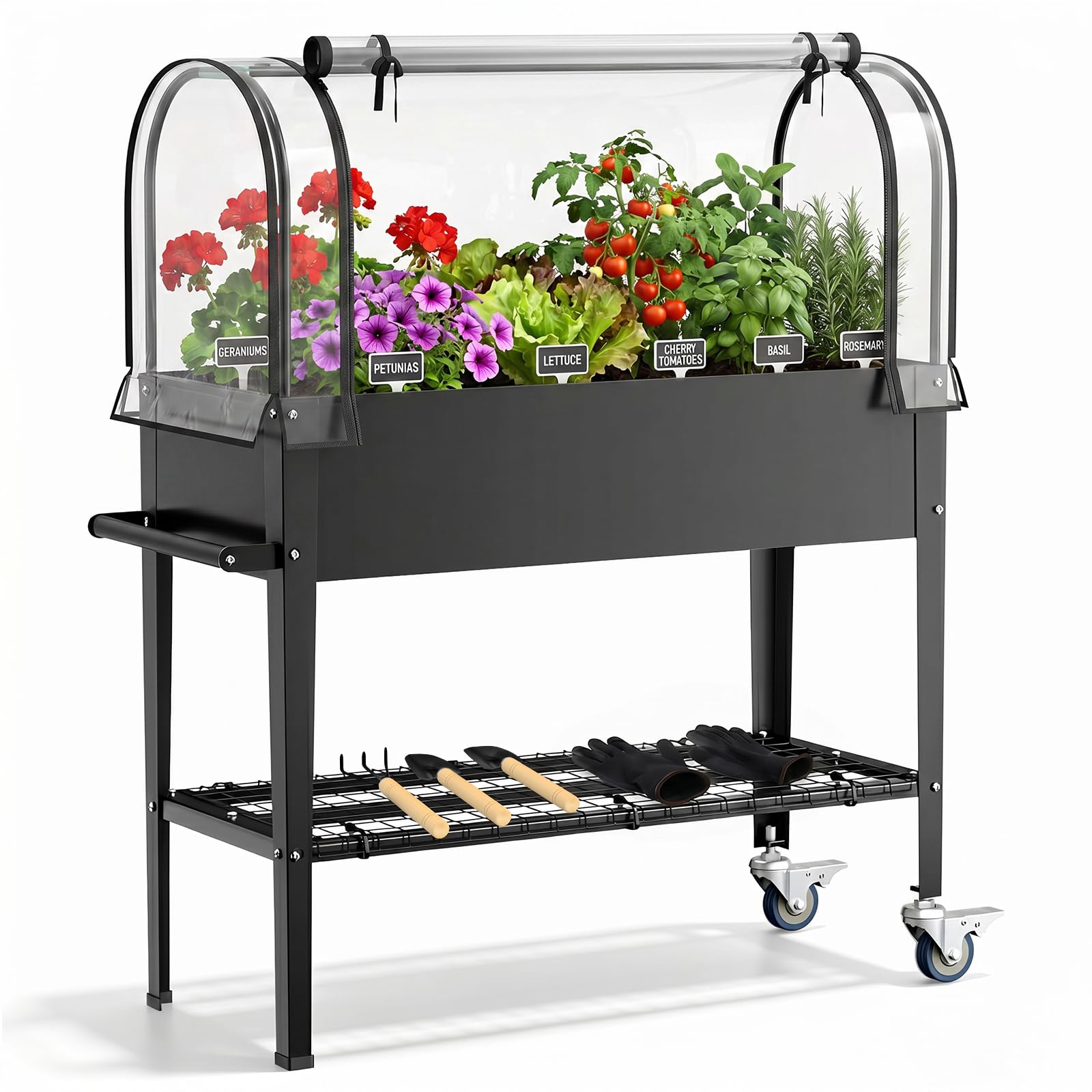 Orto Rialzato con Copertura per Serra in PVC, Fioriera Rialzata in Acciaio Zincato da 82,7 L, Altezza 79 cm, 2 Ruote con Freno, Ripiano e Attrezzi da Giardino, 111 x 57 x 120 cm