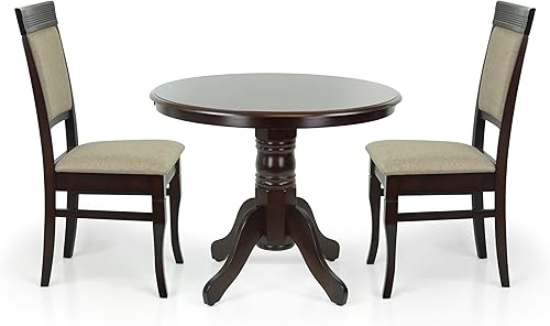 Miniatura 3 de Wickerix Juego de mesa de comedor de 3 piezas, 2 sillas tapizadas Ronda de madera maciza de estilo clásico con mesa de comedor redonda, juego de