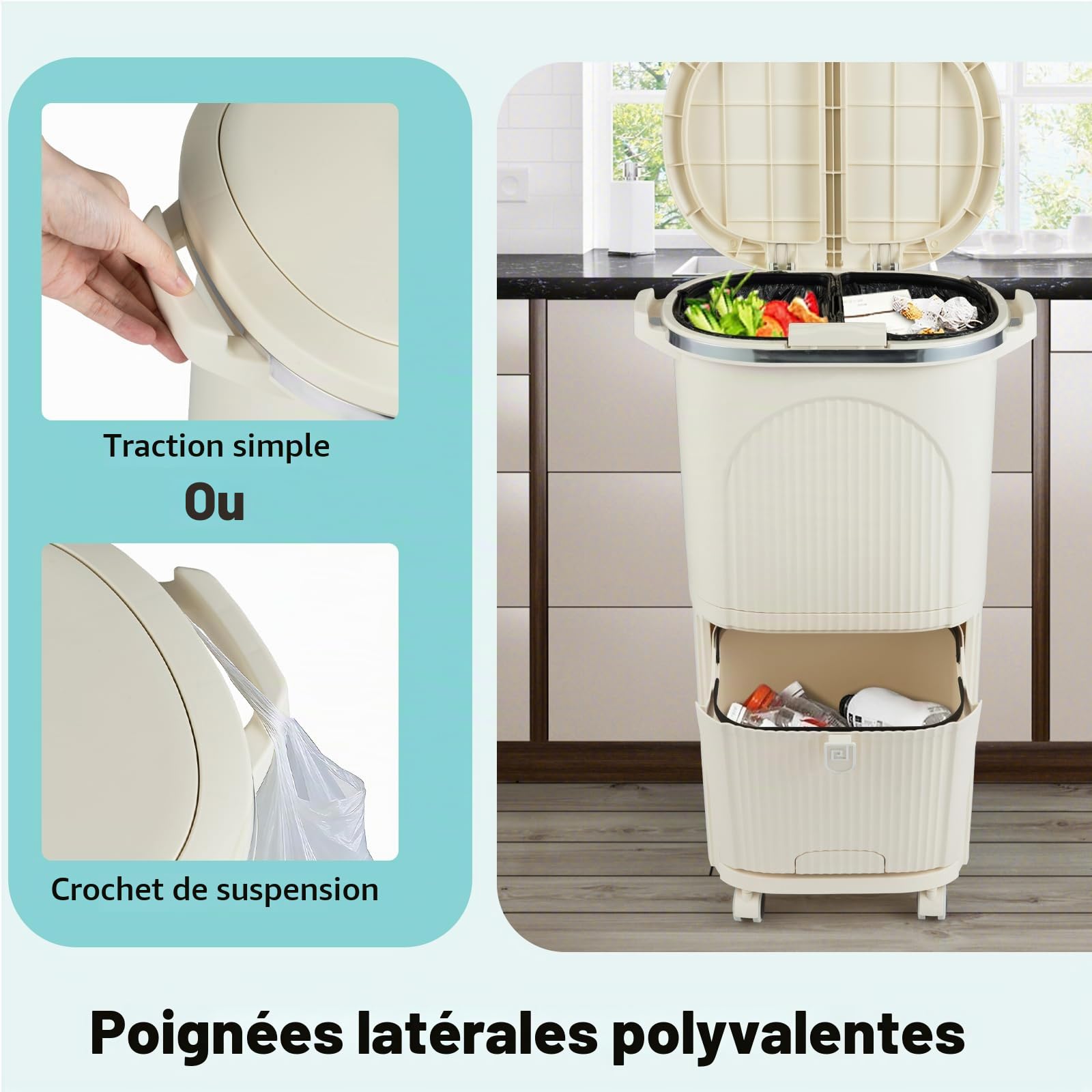 LIFEZEAL Poubelle de Cuisine avec Couvercle, Poubelle de Tri avec 2 Seaux Amovibles et Tiroir, Bac à Tri avec Pédale et Roulettes pour Salon, Cuisine (Beige, 38L|2 couvercle, 2 niveaux)