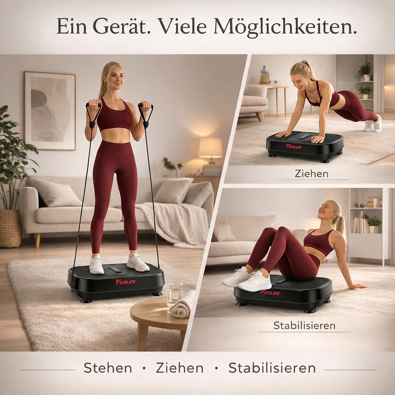 Funlife Vibrationsplatte 120kg- 180 Stufen,5 Programme &Manuell– Bluetooth&Lautsprecher – Fitnessplatte mit Trainingsseilen für Ganzkörpertraining
