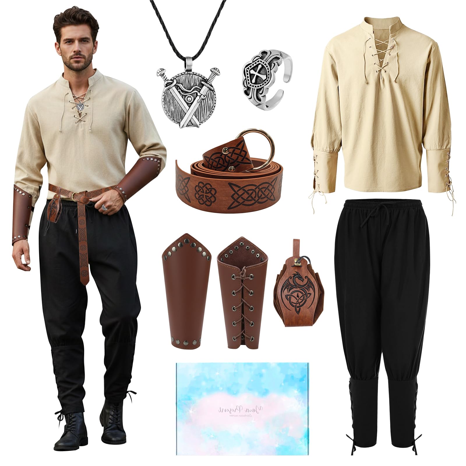 Disfraz Caballero Medieval, Vestido Medieval Caballero con Pulsera Cinturón, Regalo para Hombre, Conjunto de Ropa de Época para Carnevale Cosplay Halloween Cumpleaños