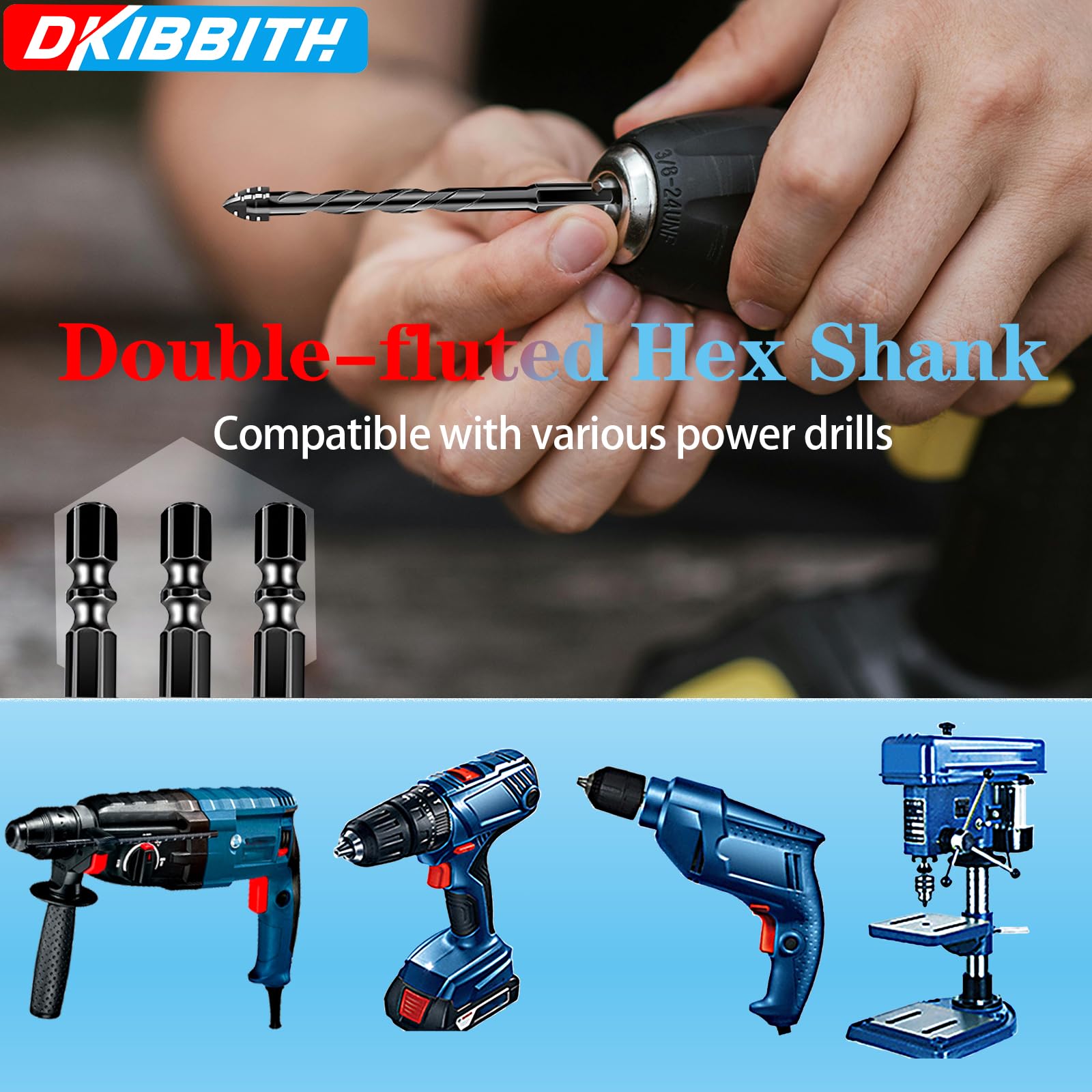 DKIBBITH Set di punte seghettate per muratura a 4 scanalature (10 pezzi, nero), da 3/16" a 1/2" per cemento, piastrelle, mattoni, vetro, ceramica