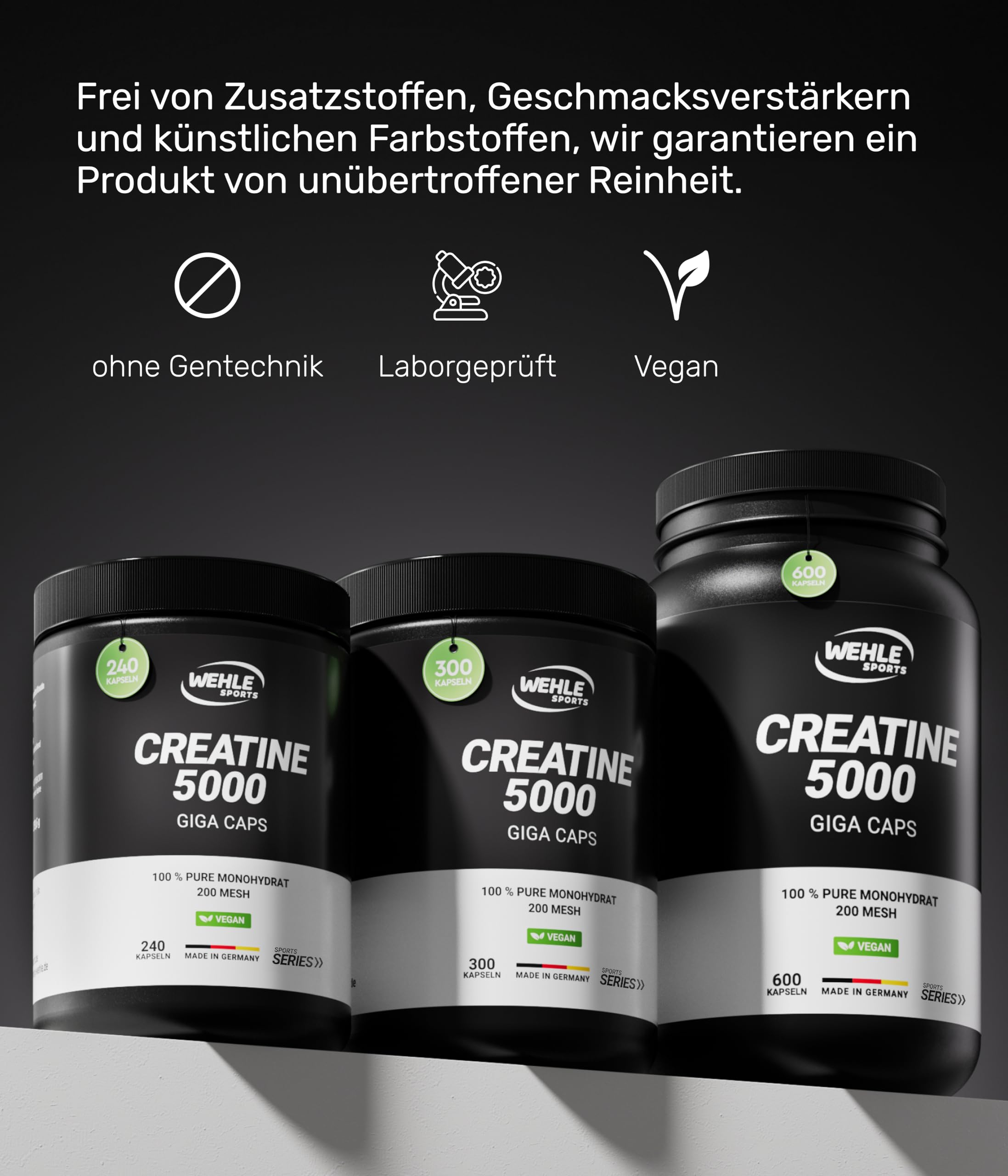Creatin Kapseln hochdosiert 5000 mg Creatin Monohydrat pro Tagesdosis, 300 vegane Kapseln – ohne Zusatzstoffe – Vegan (300 Kapseln) Wehle Sports – Verpackung kann variieren.