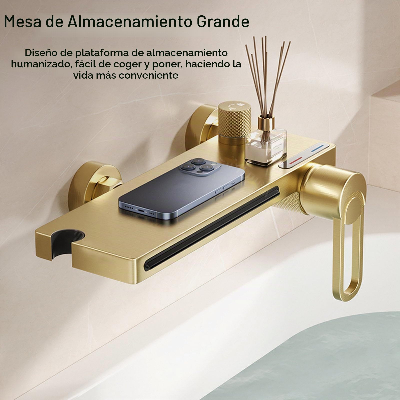 Grifo Bañera, Grifo Ducha Cascada Alto Flujo | Latón, Monomando Mezclador de Bañera, Agua Caliente y Fría Regulable, Incluir Alcachofa 3 Modos, Manguera de 150 cm