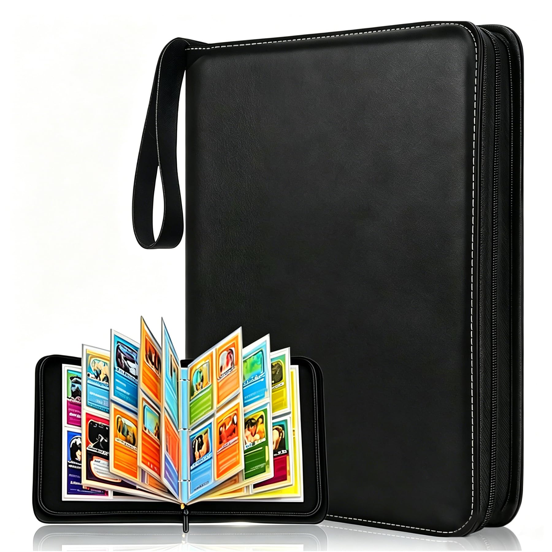 Trading Card Binder 4 Pocket, 400 Pockets PU Leather Waterproof Zippered Card Folder, Top Loading Collectible Trading Card Album for for MTG TCG Football Cards Sports Cards (Black)