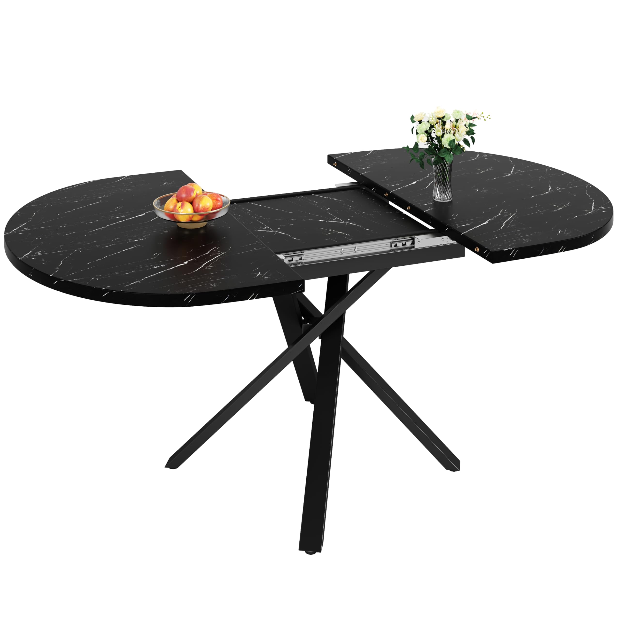 Tavolo allungabile rotondo con effetto marmo, 100 cm (allungabile a 140 cm) x 75,5 cm di altezza, con robusta struttura in metallo a X di colore nero, ideale come tavolo da cucina o tavolo