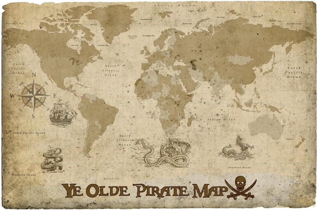 Pirate Map Of The World Ye Olde Pirate Map By Promaps Travel World Map With Cities In Detail Map  Posters For Wall Map Art Wall Decor Geographical Illustration Pirate Travel  Destinations Cool Wall Decor Art Print Poster