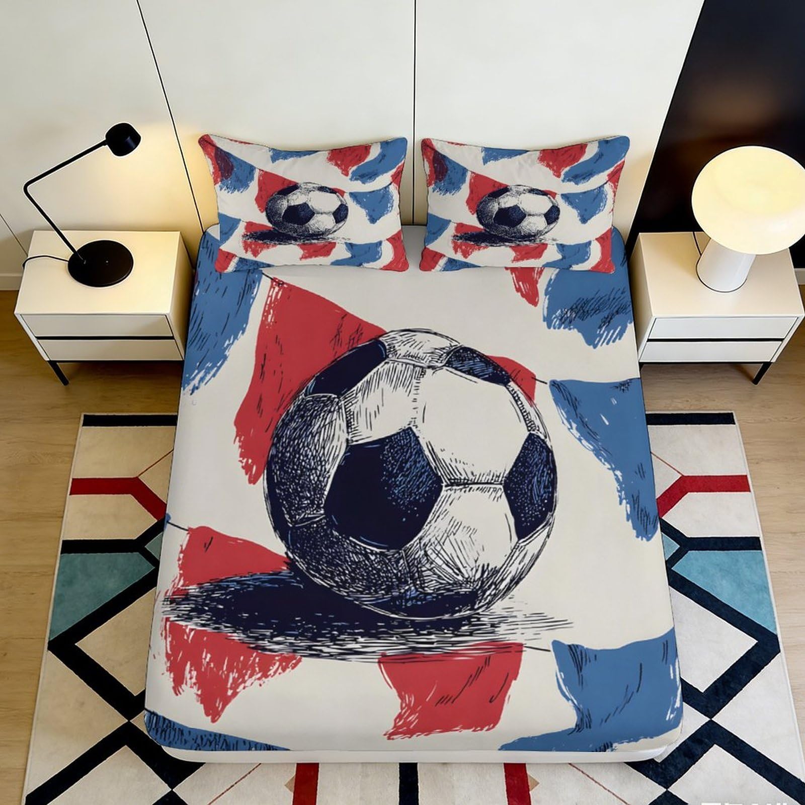 3D Printed Soccer Ball Fitted Sheet Microfiber Soft Breathable Abstract Pattern Mattress Cover for Bedroom Guestroom 90x200x25cm