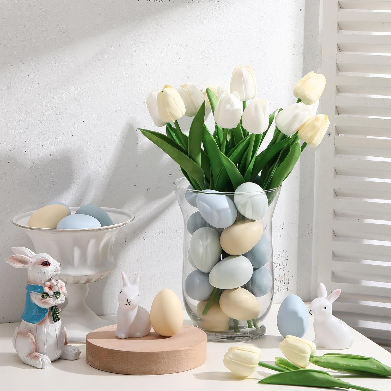 Gejoy 24 Pcs Neutral Easter Eggs Plastic Fake Chicken Eggs 2.36 Inch Vintage Boho Easter Decor Pastel Bowl Vase Fillers Farmhouse Spring Decorations for Home Table DIY Craft (Pastel)