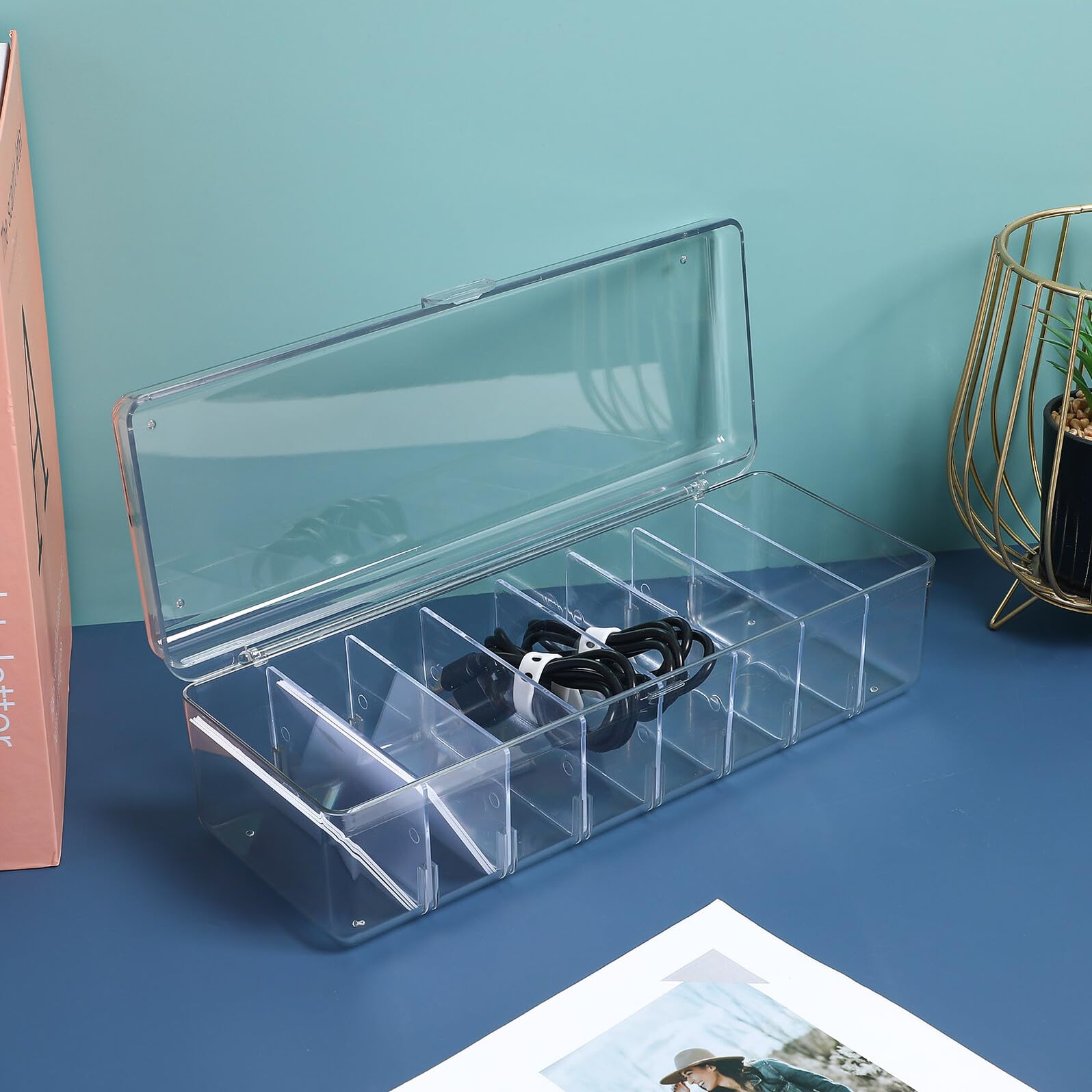 Scatola Organizer Cavi Dati Trasparente 2 Pezzi in Plastico | Etichette Adesive Incluse, 20 Fascette per Fissaggio, Formato Compatto per Gestione Ordinata