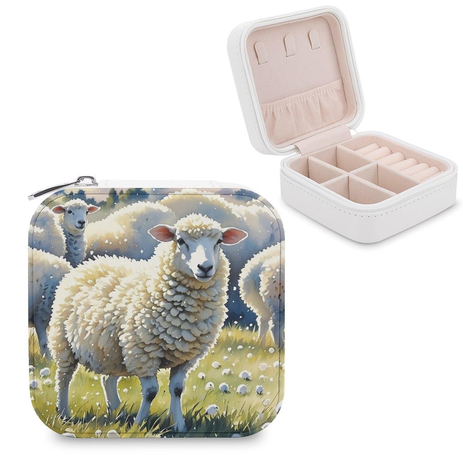 FekiLoot Sheeps Watercolor Travel Jewelry Box Small Jewelry Organizer Storage Case Portable PU Leather Mini Jewellry Travel Case Necklace Ring Storage Organizer Gift for Women
