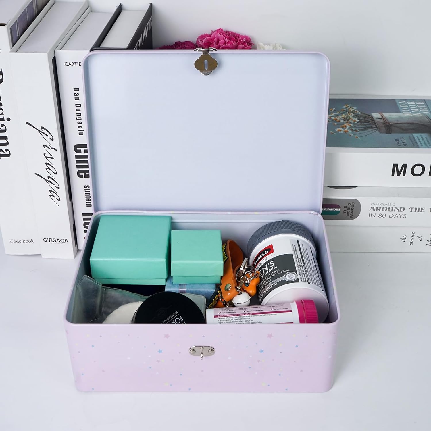 Luwint Metal Box Unicorns Pattern Decoration Storage Box - Pink Metal Thin Art Box Organizer with Lock, Ideal Gift for Friends Mother Father (3 Pieces/Large Medium Small)