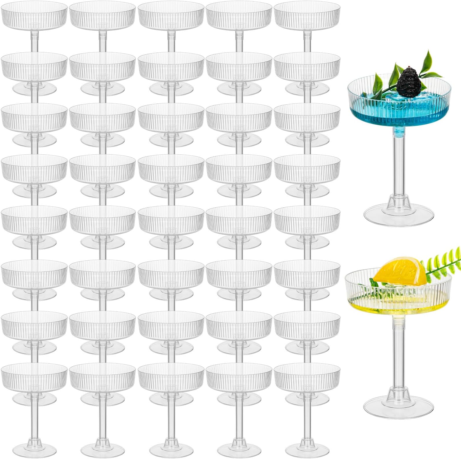 Ferrochef 50 Pcs Ribbed Martini Glasses 5 oz Disposable Plastic Vintage Ribbed Coupe Glasses Cocktail Unbreakable Dessert Parfait Glassware for Wedding Party Supplies (Clear)