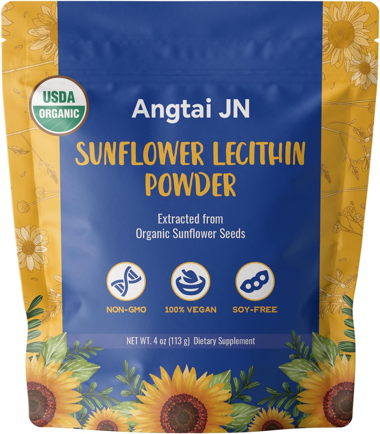 Organic Sunflower Lecithin Powder | USDA Certified, Non-GMO | 4oz (113g) | 10g Daily Serving for Brain, Liver & Heart Health | Easy Mixing in Smoothies, Shakes & Baking