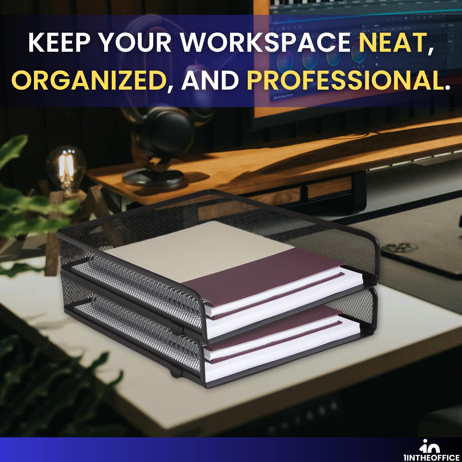 1 Intheoffice Desk Tray, Front Load Letter Tray, impilabile, confezione da 2