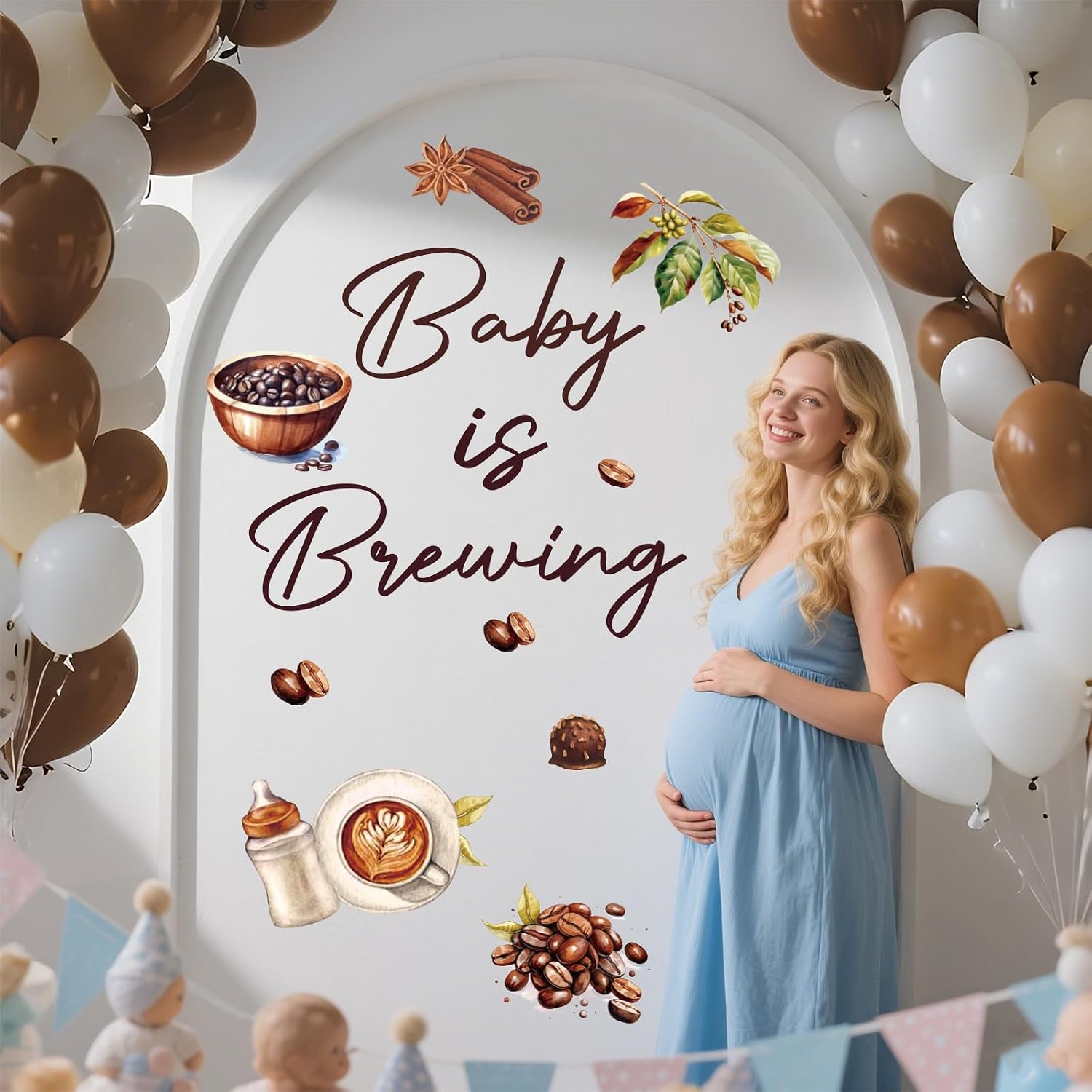 Baby is Brewing Coffee Theme Backdrop Decal with Baby Bottle & Coffee Bean Sign for Gender Reveal and Diaper Party Decorations (Sticker Only)
