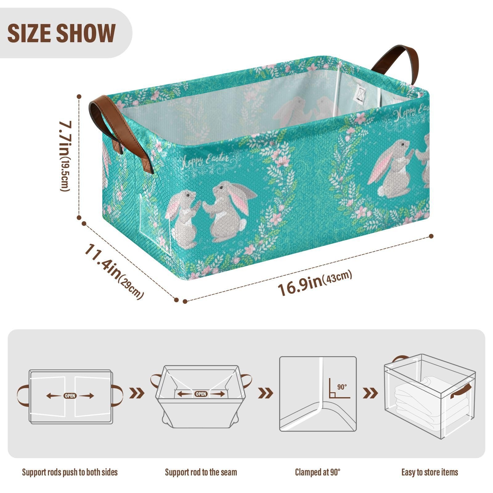 Fygkptb Happy Easter Two Hares Floral Wreath Floral Ornament on Turquoise 2 PC Rectangle Foldable Frame Basket Leather Handles Storage Bin for Laundry Bathroom Organizer 16.9 x 11.4 x 7.7 inch