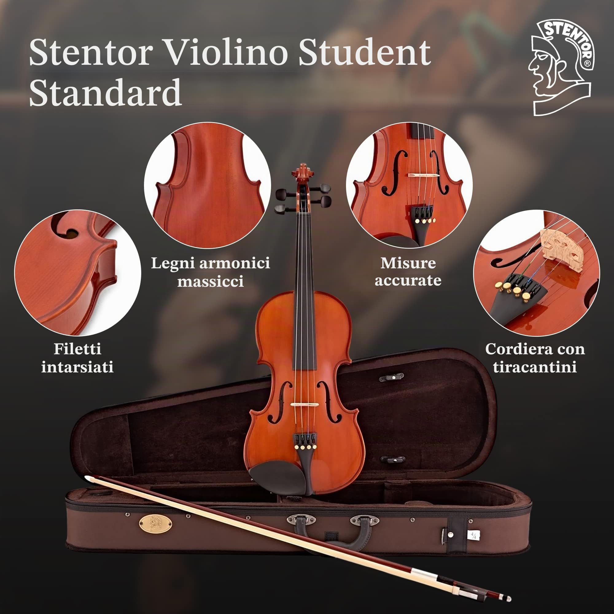 Stentor - Violino standard da studente, misura 4/4,per principianti, con archetto in legno e custodia (1018A - 4/4)