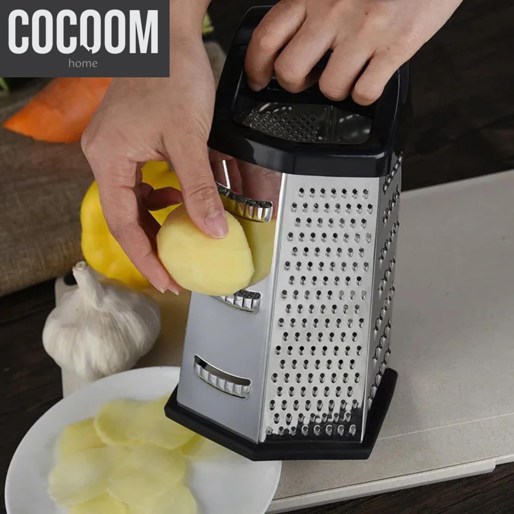 Rallador de 6 Caras con Contenedor – Acero Inoxidable Multifuncional para Queso, Verduras, Zanahoria y Papa – Utensilio de Cocina Antideslizante. Facil de limpiar.
