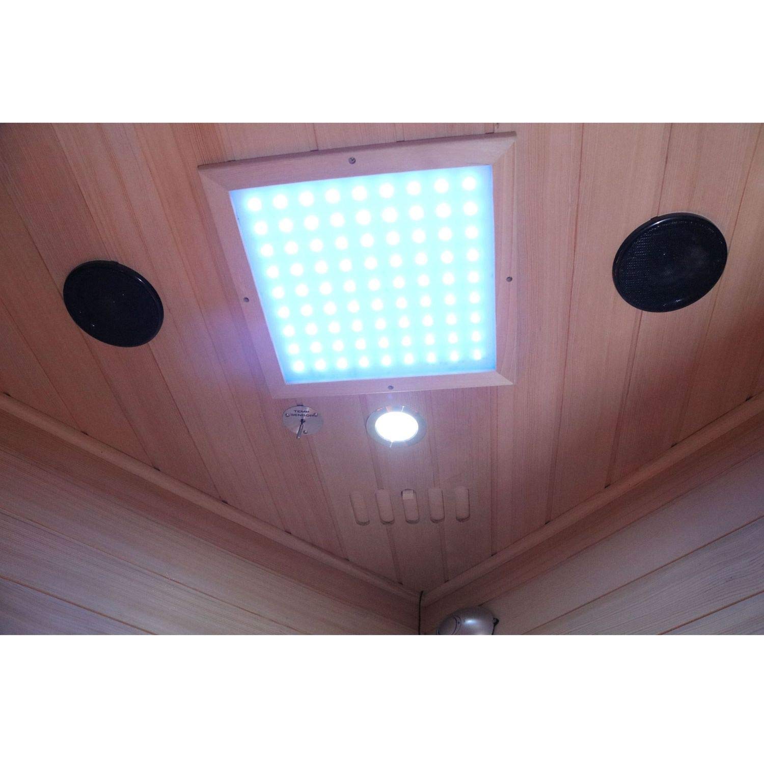 Dewello® Infrarotkabine Infrarotsauna LAKEFIELD 140cm x 140cm für 2-3 Personen aus Hemlock Holz mit Vollspektrumstrahler, LED-Farblicht, Bluetooth, FM,MP3,USB