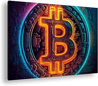 deyoli Icono de Bitcoin luminoso con detalles futuristas de neón, formato: 90 x 60 cm, XXL, impresión artística sobre marco de madera, lienzo, cuadro de pared, decoración de salón