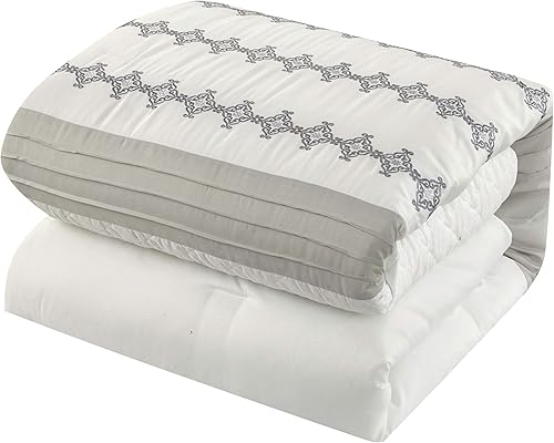 Miniatura 2 de Grand Avenue Juego de edredón blanco tamaño King, juego de cama bordado de 5 piezas, edredón ultra suave, falda de cama, almohadas y fundas,