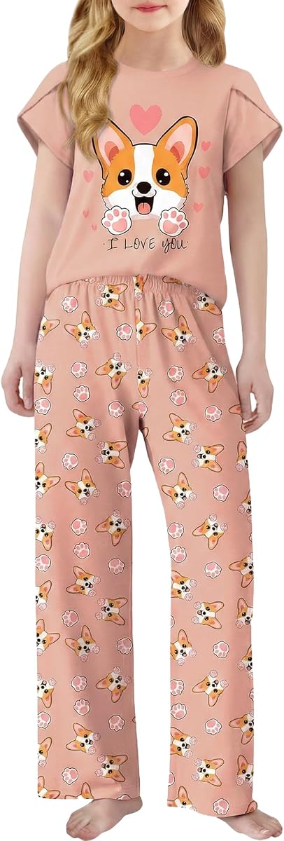 Arshiner Pajamas for Girls Short Sleeve Long Pants Pjs Cute Soft Lounge | 2Pcs Sleepwear Size 5-13, Petal Sleeves Cute Printed Pajama Set for Sleeping, Lounging, Birthday Party
