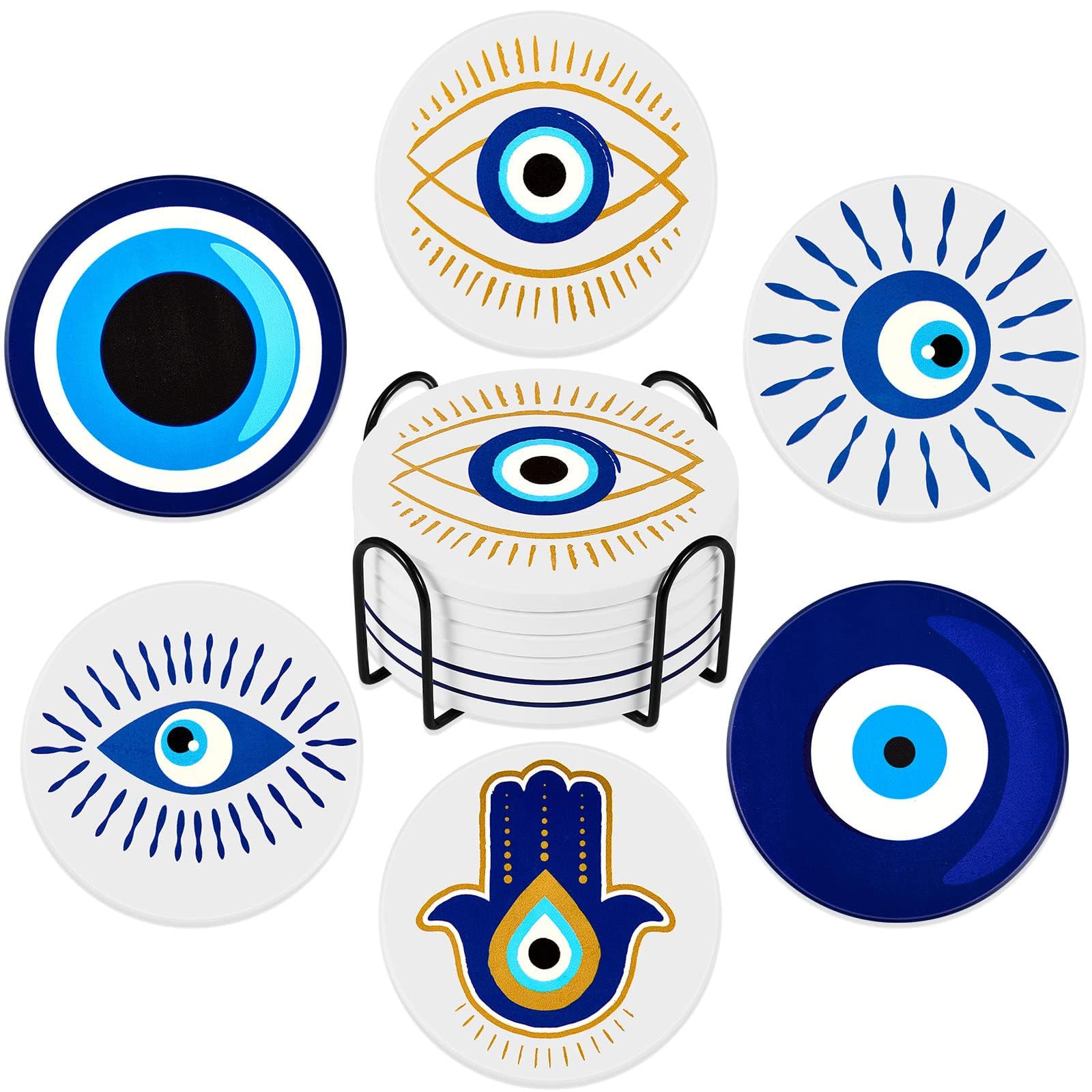 Azonee Ceramic Evil Eye Drink Coasters with Holder, Set of 6 Evil Eye Blue Coasters, Round Absorbent Cup Mat with Cork Base for Home Decor Tabletop Protection Suitable for Kinds of Cups
