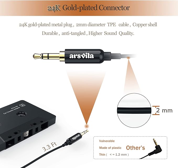 Arsvita Car Audio Cassette to AUX Adapter, 3.5mm Auxiliary Cable Tape Adapter