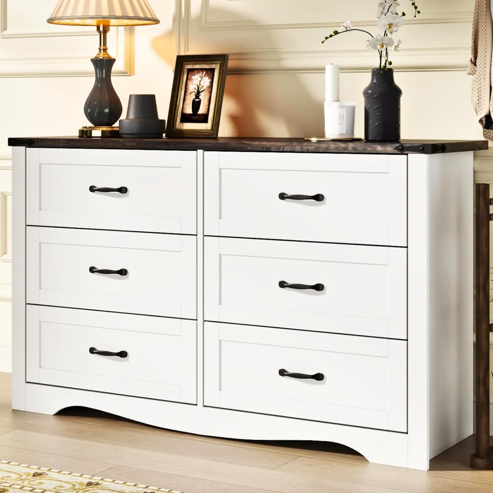 Loomie Farmhouse 6 Drawers Double Dresser for Bedroom, Modern White Dresser Chest of Drawers, Wide Dressers Organizer, Accent Storage Cabinet for