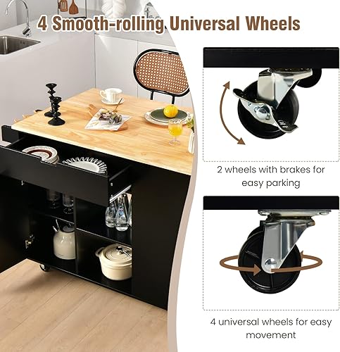 Miniatura 5 de Giantex Carrito de isla de cocina, encimera de hojas caídas, mesa de comedor de madera de goma con cajón grande, estantes de almacenamiento, estante