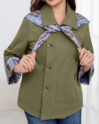 CHARTOU Women's Short Trench Coats Fall Notch Collar Plaid Reversible Oversized Jacket with Pockets