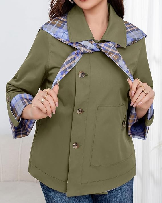 CHARTOU Women's Short Trench Coats Fall Notch Collar Plaid Reversible Oversized Jacket with Pockets