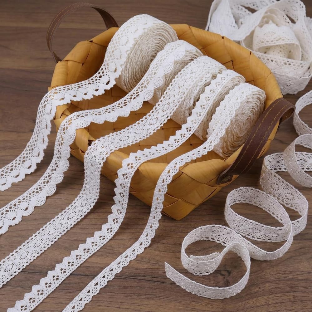 IDONGCAI Cotton Lace Trim Assortment, 30yards White Crochet Lace Ribbon Bundle for Sewing & Crafts, Boho Shabby Fabric Trim Set for DIY, Gift Wrapping, Wedding & Home Decor