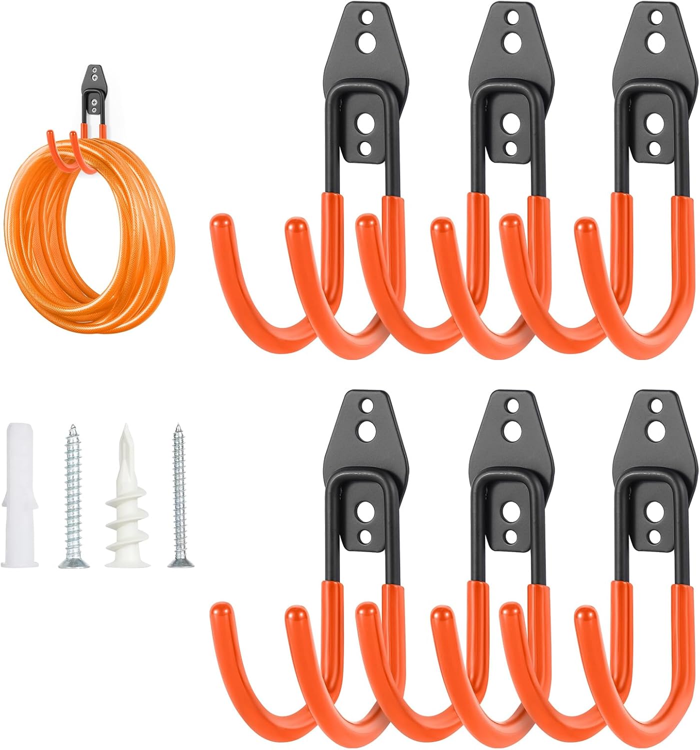 Upgraded Garage Hooks, 6 Pack Heavy Duty Wall Mount Steel Utility Hooks, Storage System Hooks for Power Tools, Garden Hose, Ladder, Bike, Cords, and More