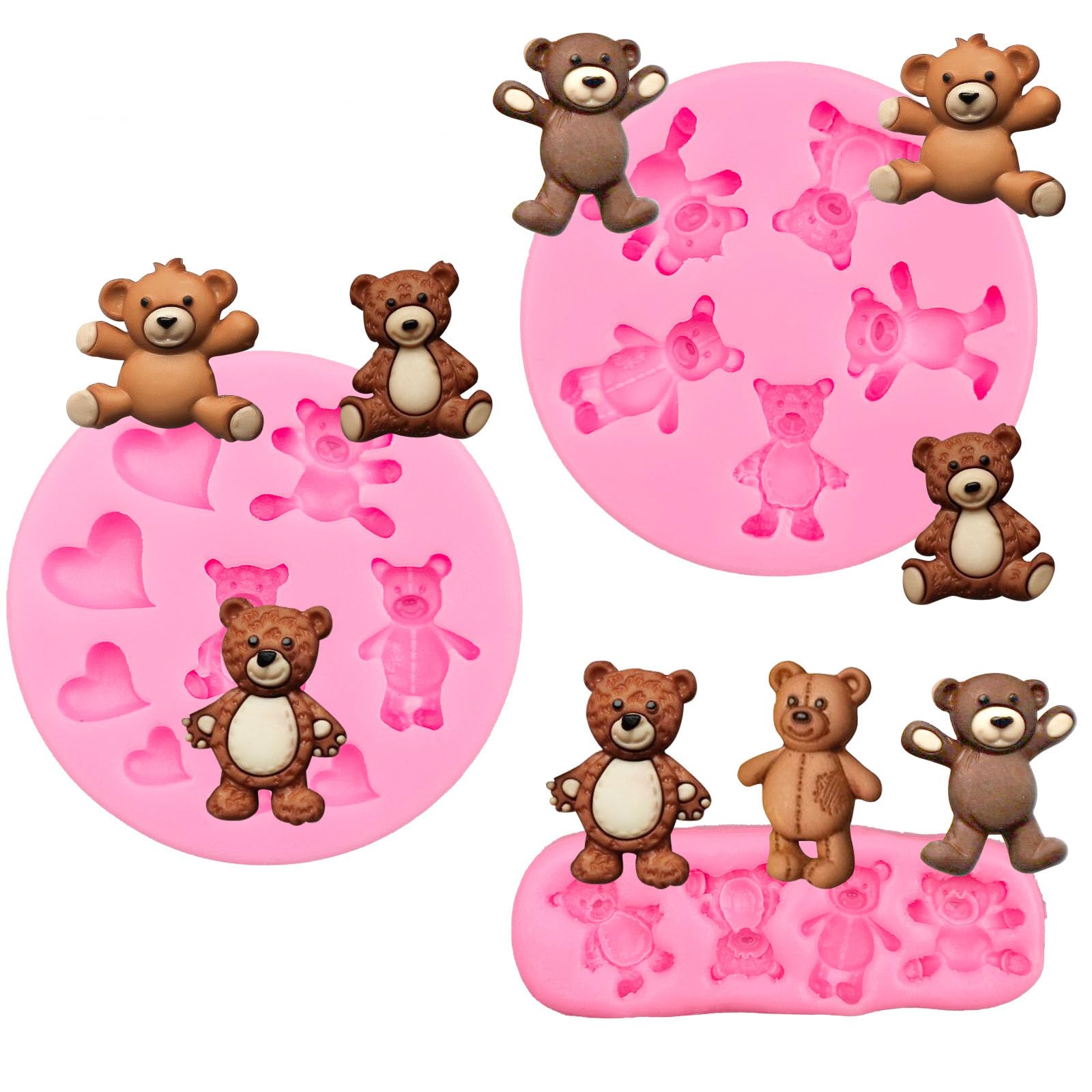 MEMOVAN Bear Silicone Fondant Mold 3pcs Bears Candy Chocolate Molds For Teddy Bear Cake Decoration Cupcake Topper Polymer Clay Resin Epoxy Gum Paste Mold