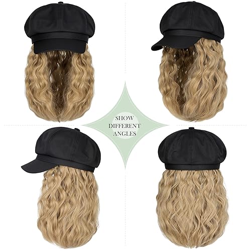 Miniatura 2 de Newsboy - Gorro con extensiones de cabello, corto, rizado, ondulado, estilo Bob, peluca estilo Boina, 8 paneles unidos de 14 pulgadas, postizo