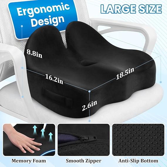 CushZone Ergonomic Seat Cushion, Sciatica Support for Office Chair, Black