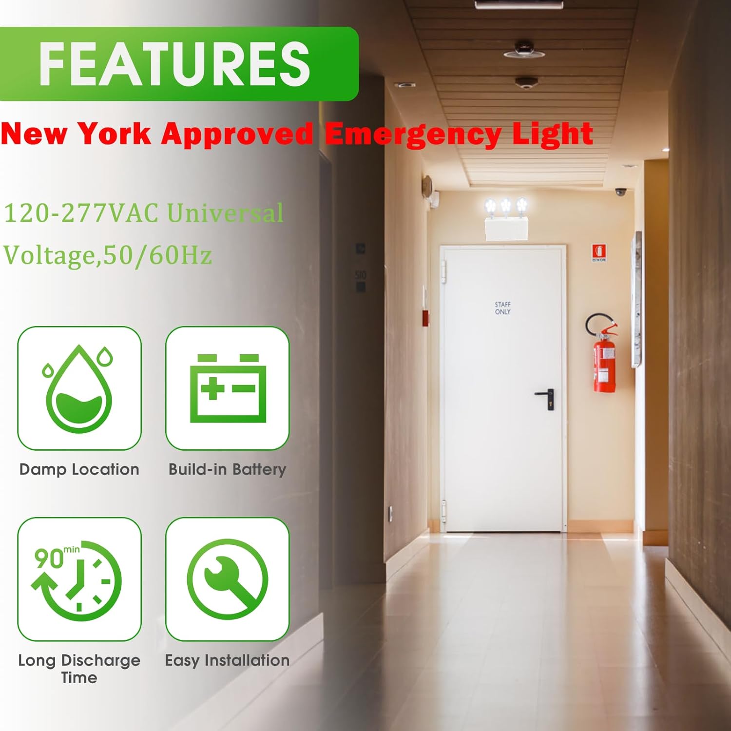 New York Certified LED Emergency Light, White Housing with Backup Battery, Two Adjustable Lamps Heads, 120-277V, Commercial Grade, Fire Resistant, UL Certified NYC-100 (3 Heads)