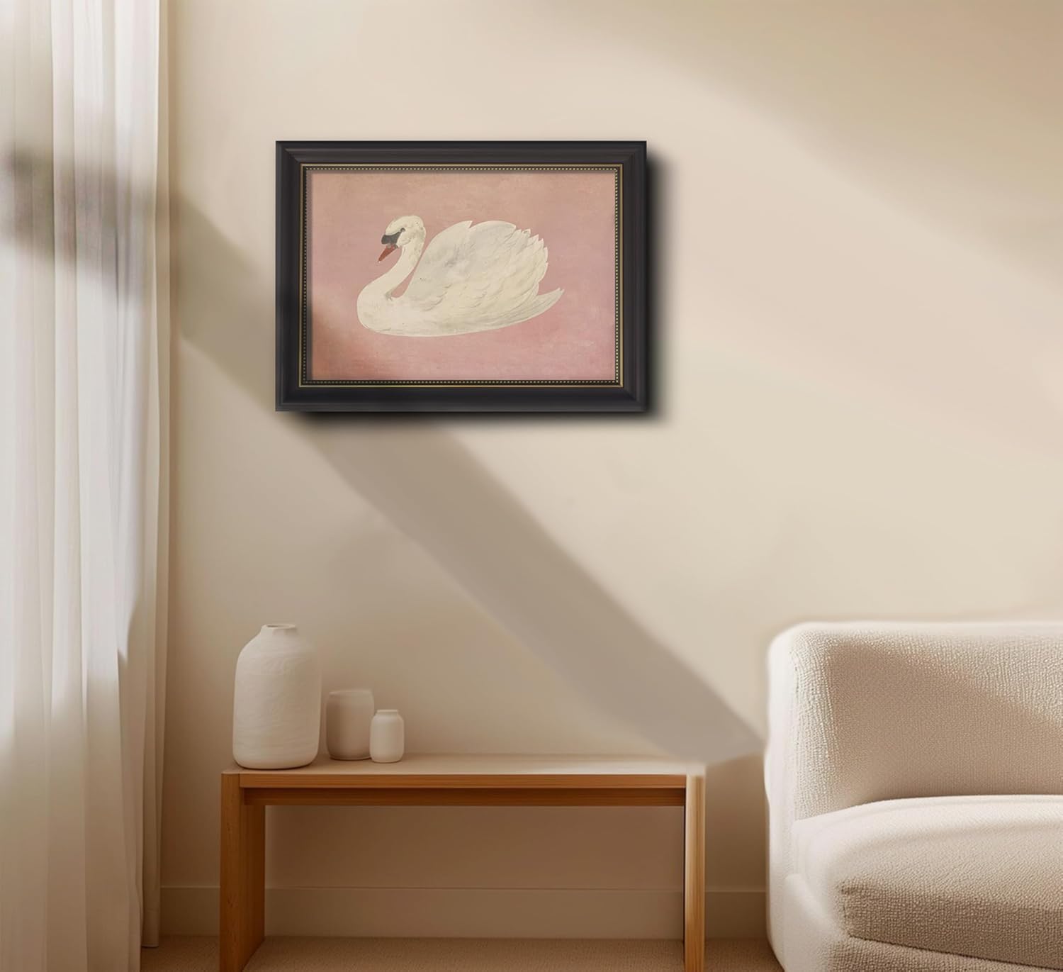 Framed Vintage White Swan Canvas Wall Art Grace Pink Swan Painting Picture Wall Decor Eclectic Pink Kitsch Classical Animal Poster Print Artwork for Living Room Bathroom Bedroom Study Home Decoration