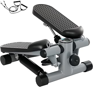 SPORTNOW Mini Stepper para Hacer Ejercicio en Casa Máquina de Escalada Compacta con Bandas de Resistencia Monitor LCD Pedales Antideslizantes Ajustables en Altura para Entrenamiento de Cuerpo Gris