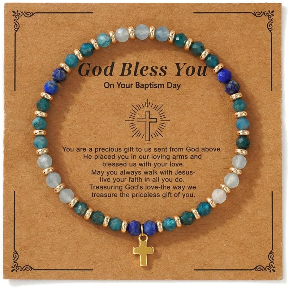 Christian Cross Beaded Stretch Bracelet for Women,Handmade Inspirational Azurite Indigo Natural Energy Stones Bracelet Christian Religious Meaningful Jewelry Gift