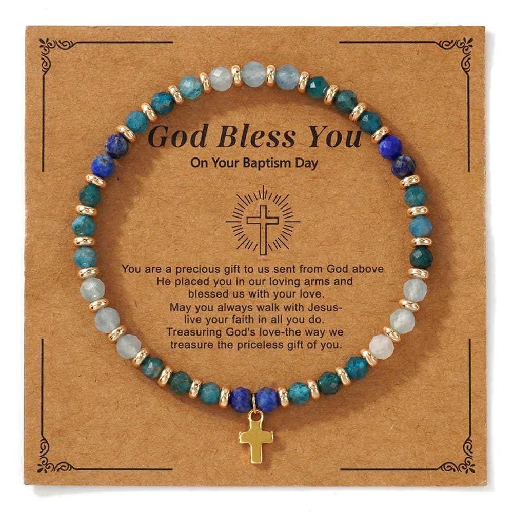Christian Cross Beaded Stretch Bracelet for Women,Handmade Inspirational Azurite Indigo Natural Energy Stones Bracelet Christian Religious Meaningful Jewelry Gift - Image 2
