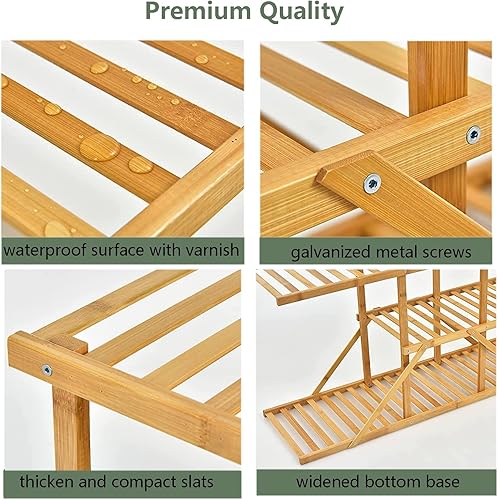 Miniatura 6 de Soporte de bambú de 4 niveles para interiores y exteriores, estante de madera para plantas de 8 macetas, soporte para macetas múltiples para flores,